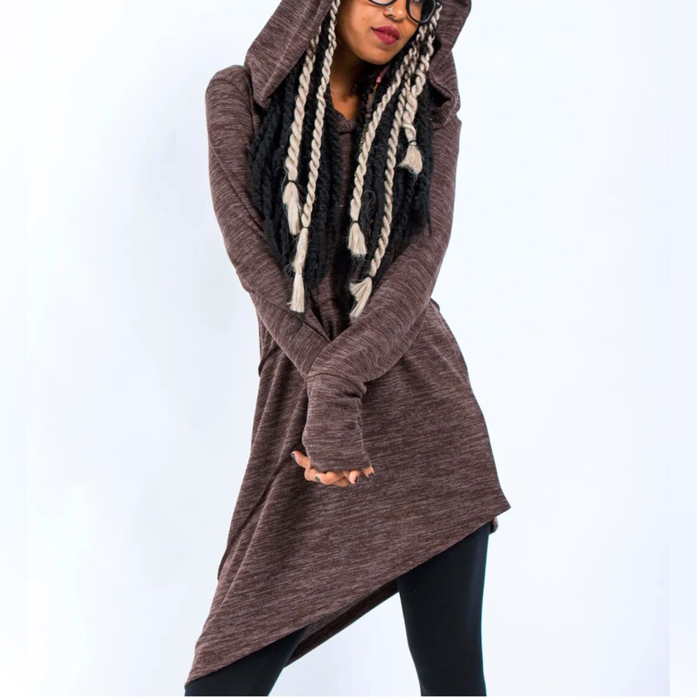 Brown Bohemian Asymmetrical Sweater Hoodie Dress Tunic Festival Camping